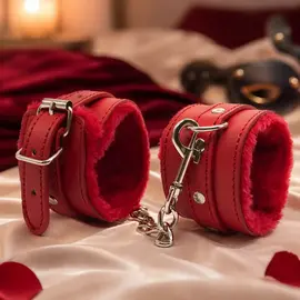 Кожени белезници с пух червени