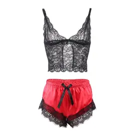 SUBBLIME - 953966 CASUAL коприна нощница + дантела бикини черен/червен L/XL