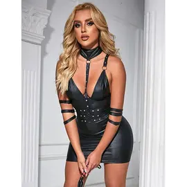 SUBBLIME - 954413 LEATHER BONDAGE боди черен L/XL