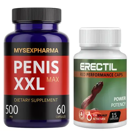Еректил - Erectil 15 капсули за ерекция + Хапчета за уголемяване на пениса Penis XXL Max