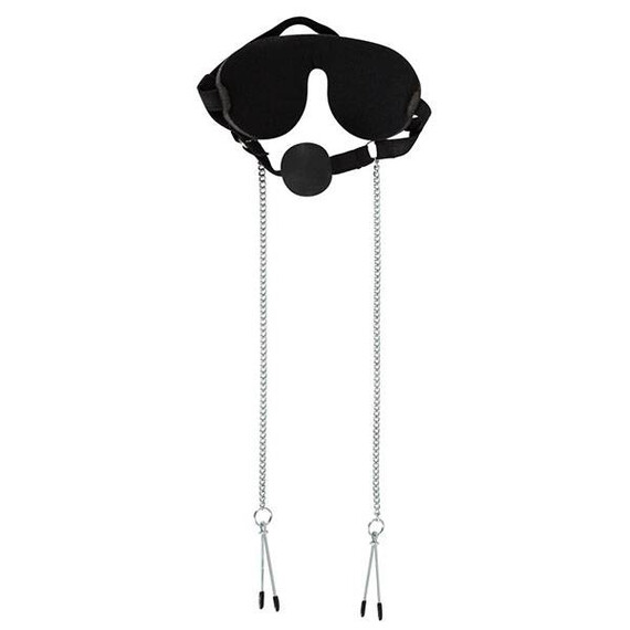 БДСМ комплект маска, топка за уста и щипки за зърна  Комплекти