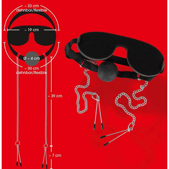 БДСМ комплект маска, топка за уста и щипки за зърна  Комплекти