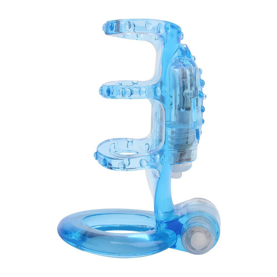 Двойно вибриращ пенис накрайник с 4 ринга Dual Vibrating Cock Cage Blue  Пенис Накрайници