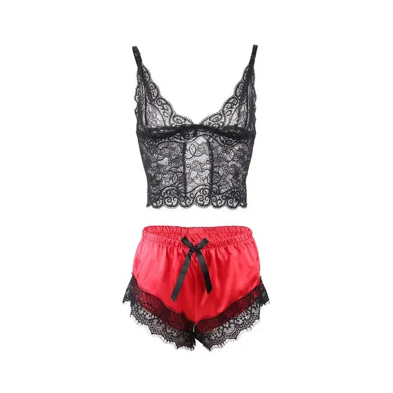 SUBBLIME - 953966 CASUAL коприна нощница + дантела бикини черен/червен L/XL