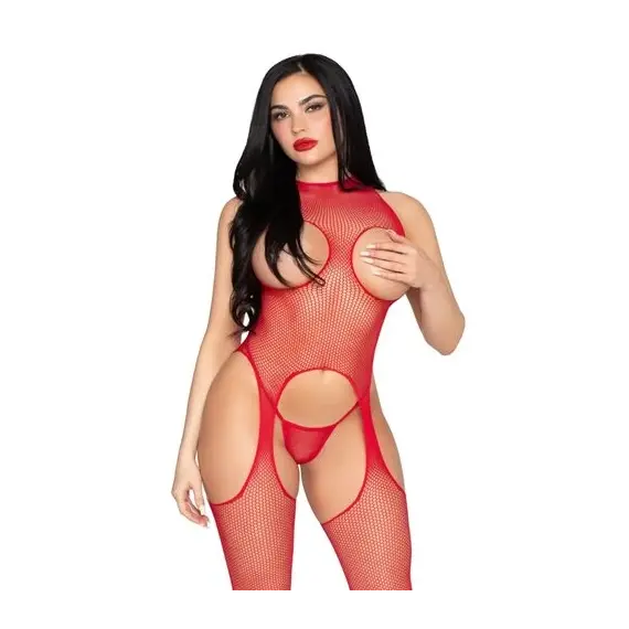 LEG AVENUE - 89374 CUPLESS боди чорапогащник и PANTY червен - универсален размер