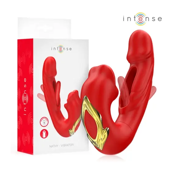 INTENSE - NATHY двоен вибратор с MULTIFUNCTION STIMULATING MOUTH червен