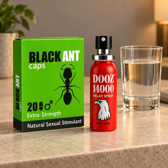 BLACK ANT 20 капсули и DOOZ 14000 25 мл до чаша вода, два формата преди близост