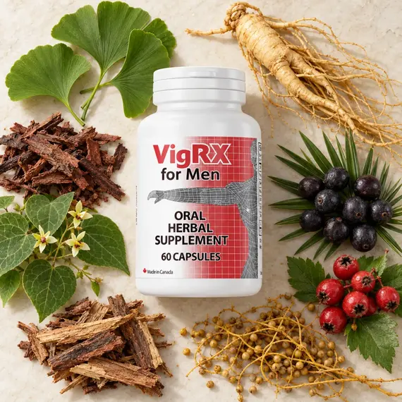 VigRX for Men 60 капсули с визуален контекст на осемте билкови съставки